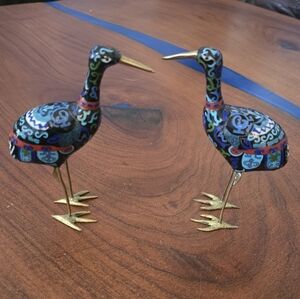 Hand-Painted Cloisonné Style Blue & Teal Crane Sculpture Pair